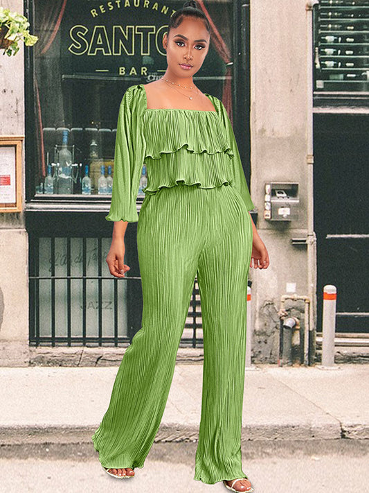 Two Piece Ruffle Crop Top + Long Pants