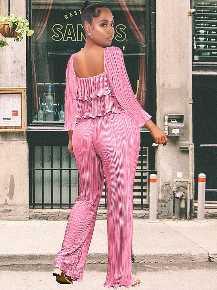 Two Piece Ruffle Crop Top + Long Pants
