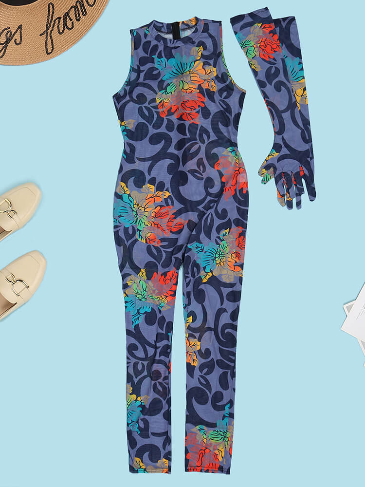 Mesh Floral Print Sleevelesss Bodycon Jumpsuits
