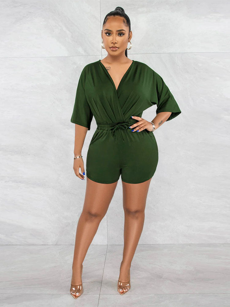 V Neck Short Sleeve High Waist Drawstring JumpSuit