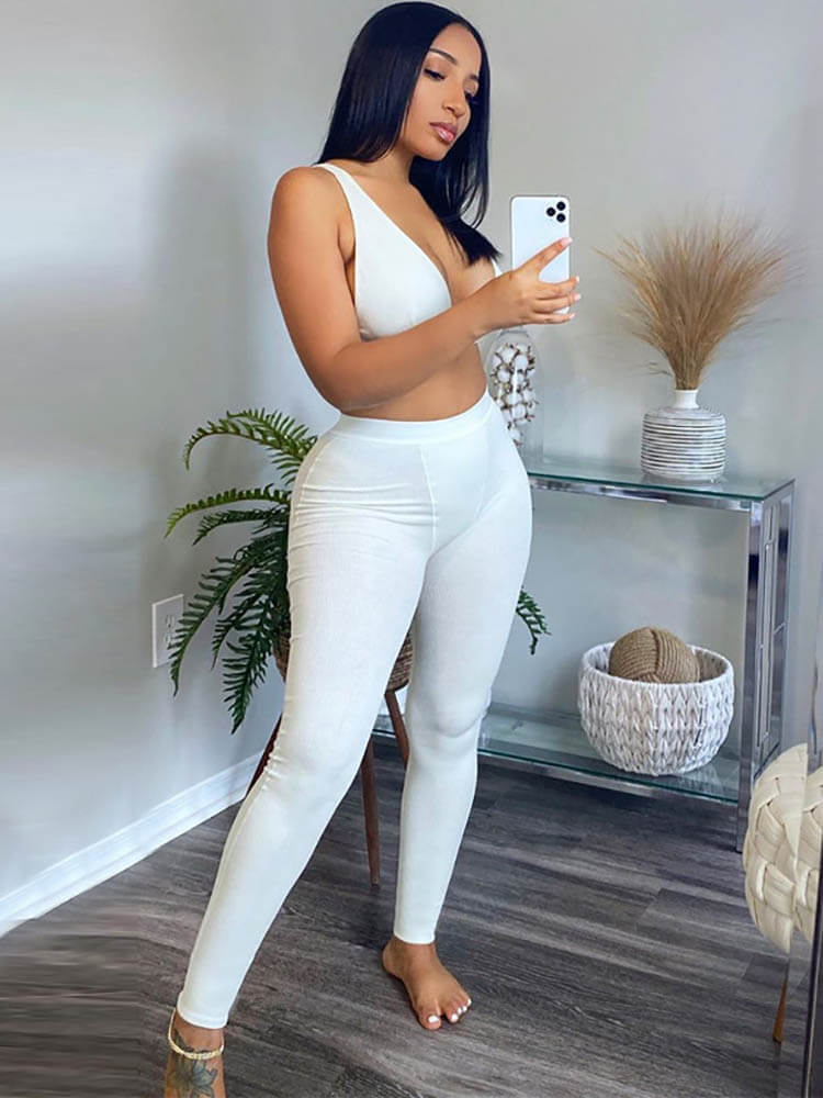 Deep V Neck Crop Top & Bodycon Long Pants