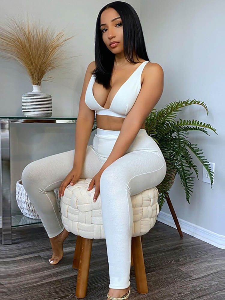 Deep V Neck Crop Top & Bodycon Long Pants