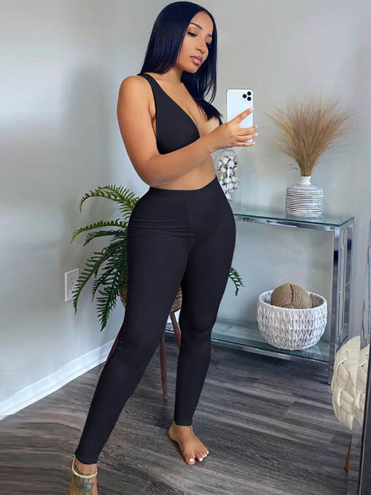 Deep V Neck Crop Top & Bodycon Long Pants