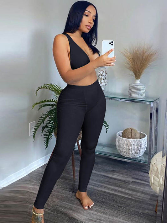 Deep V Neck Crop Top & Bodycon Long Pants