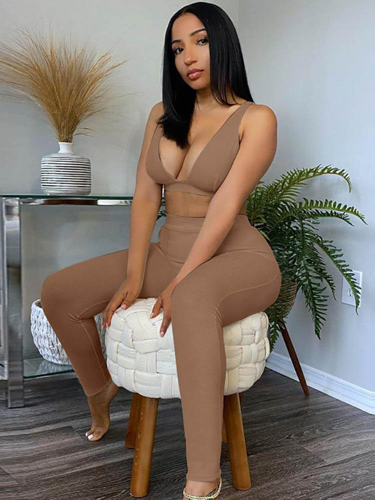Deep V Neck Crop Top & Bodycon Long Pants