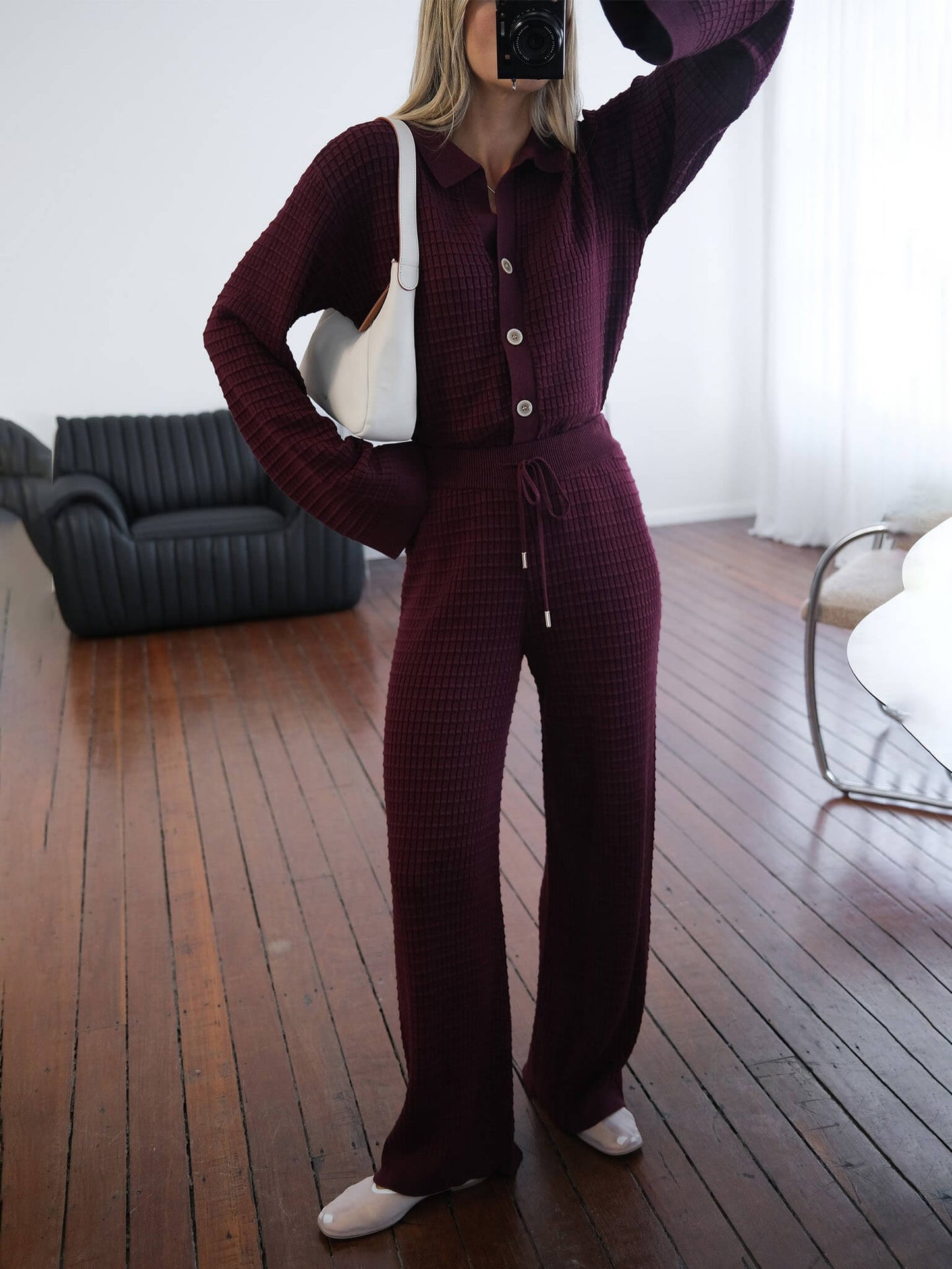 Textured Wool Loose Wide-Leg Pants