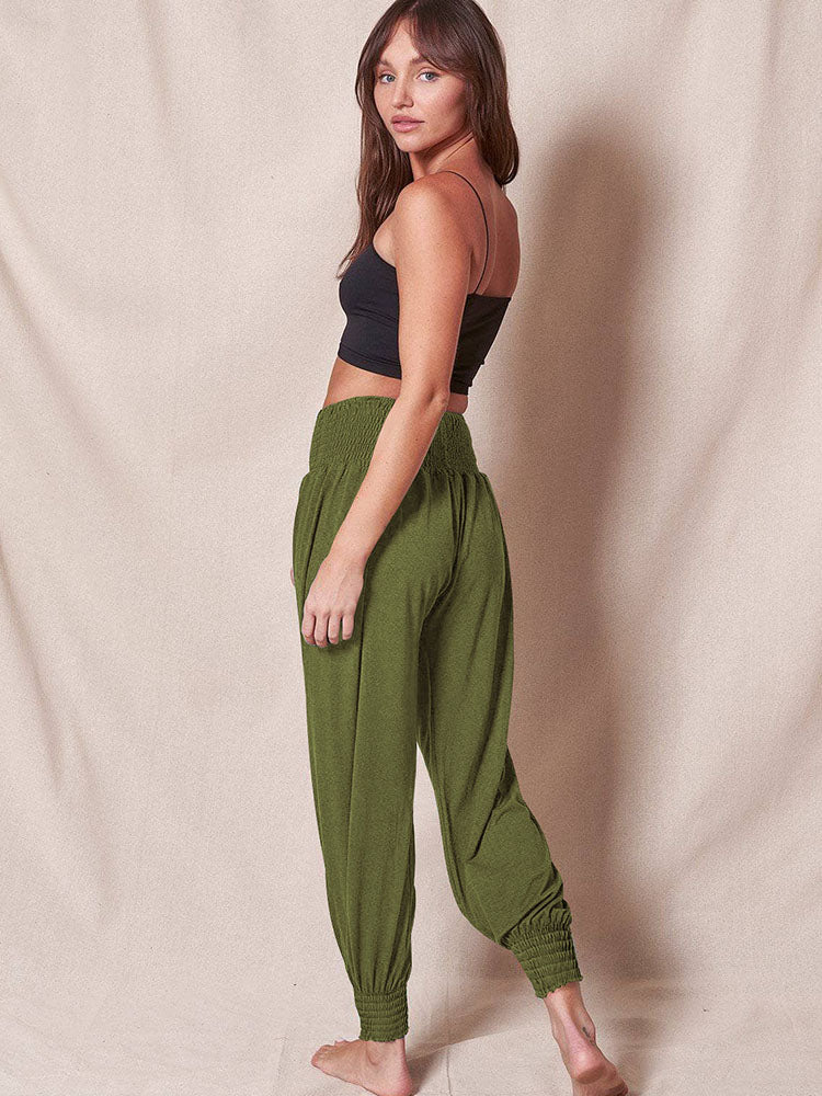 Elastic Waist Solid Color Loose Long Pants