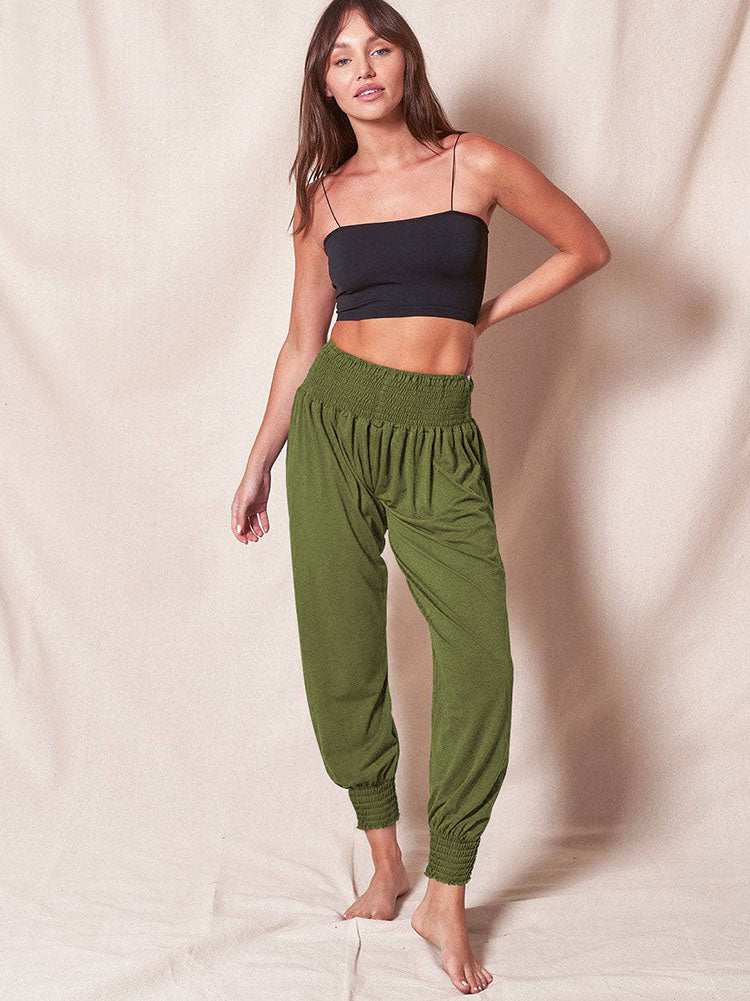 Elastic Waist Solid Color Loose Long Pants