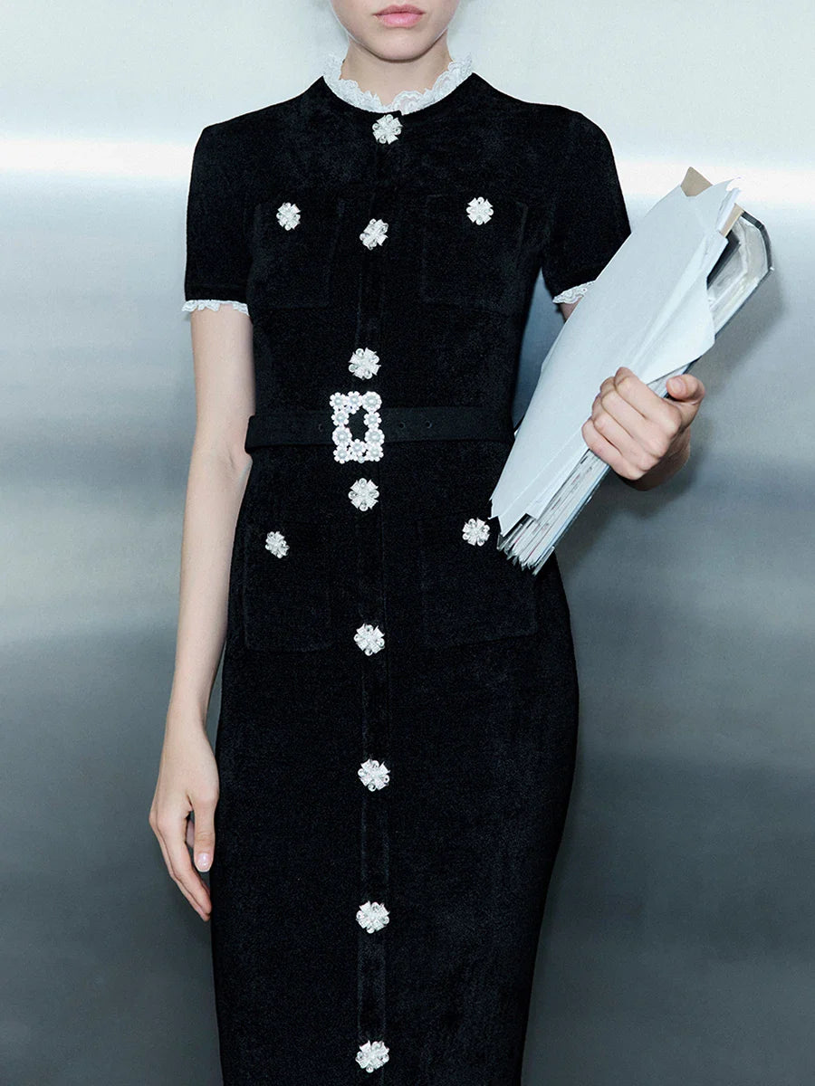 Embellished Short-Sleeve Knit Midi Dress