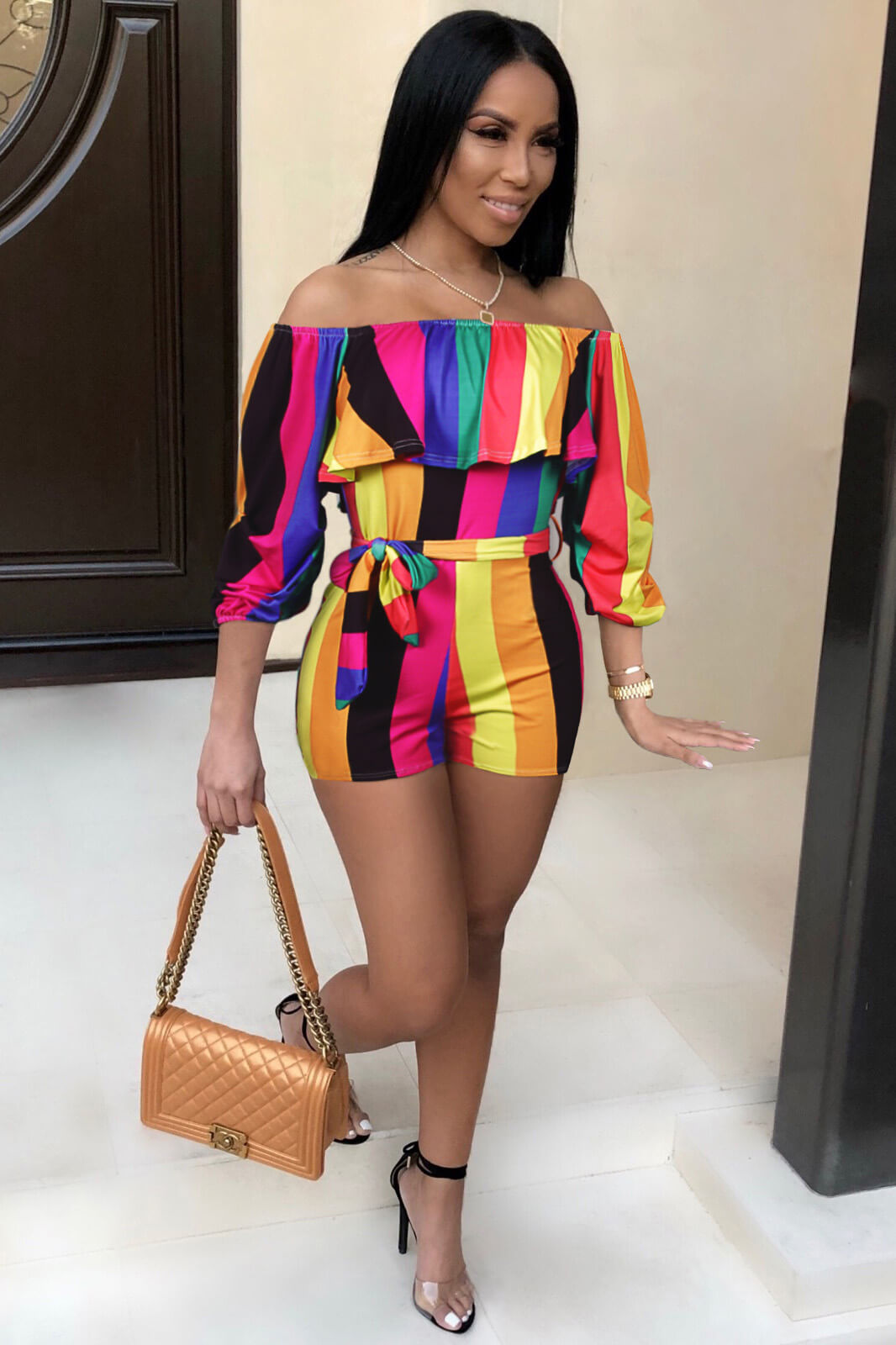 Off Shoulder Floral Rainbow Short Jumpsuits