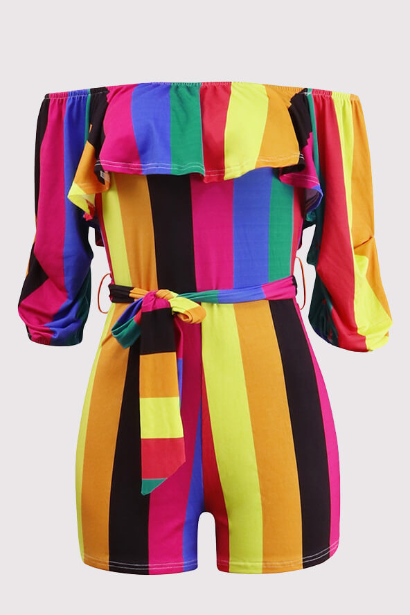 Off Shoulder Floral Rainbow Short Jumpsuits