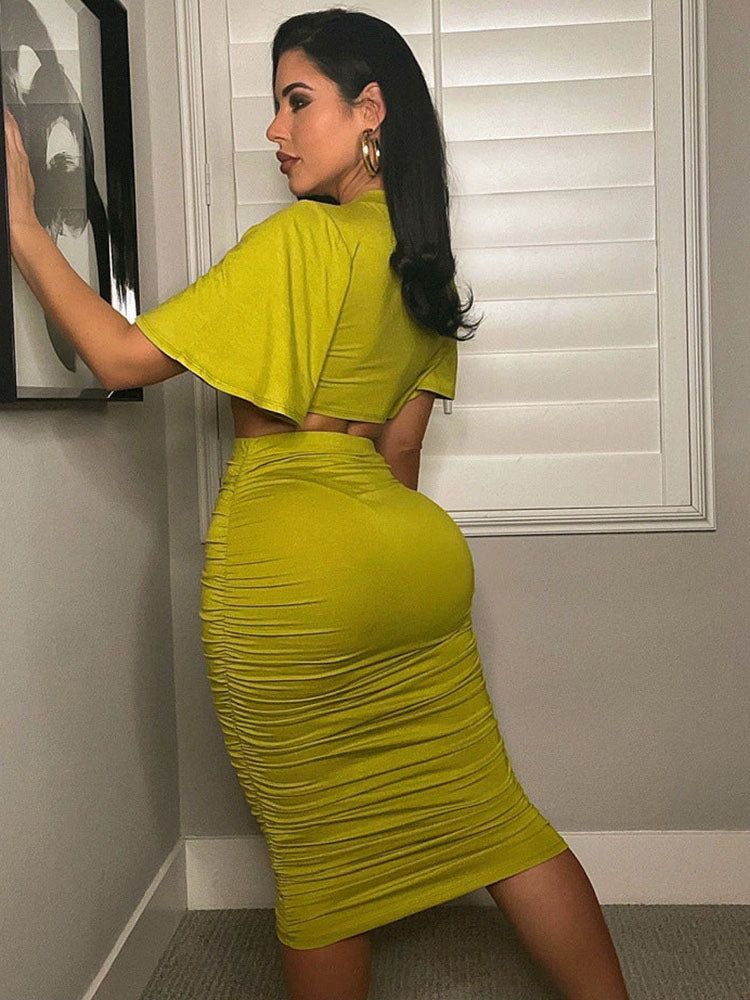 Two Piece Ruffle Sleeve Crop Top Ruched Midi Skirt