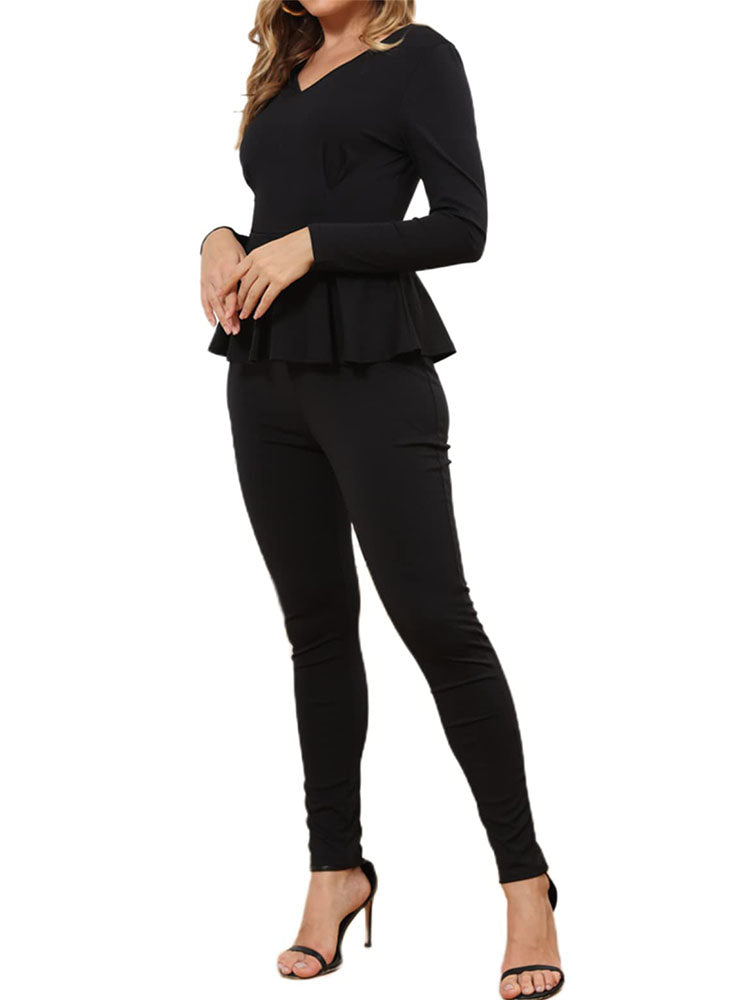 Long Sleeve V Neck Ruffle Top Jumpsuits