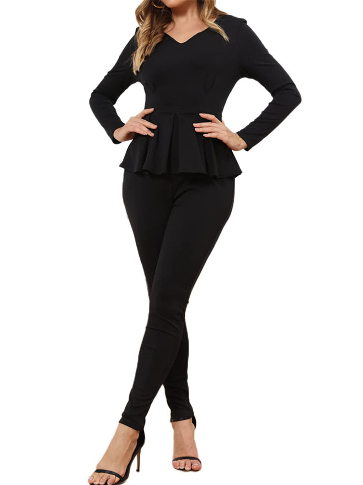 Long Sleeve V Neck Ruffle Top Jumpsuits
