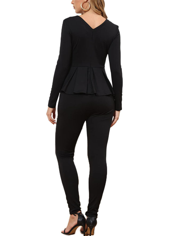 Long Sleeve V Neck Ruffle Top Jumpsuits