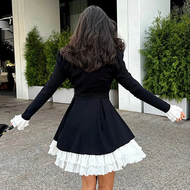 Black Ruffle Mini Dress | Retro White Contrast Party Style
