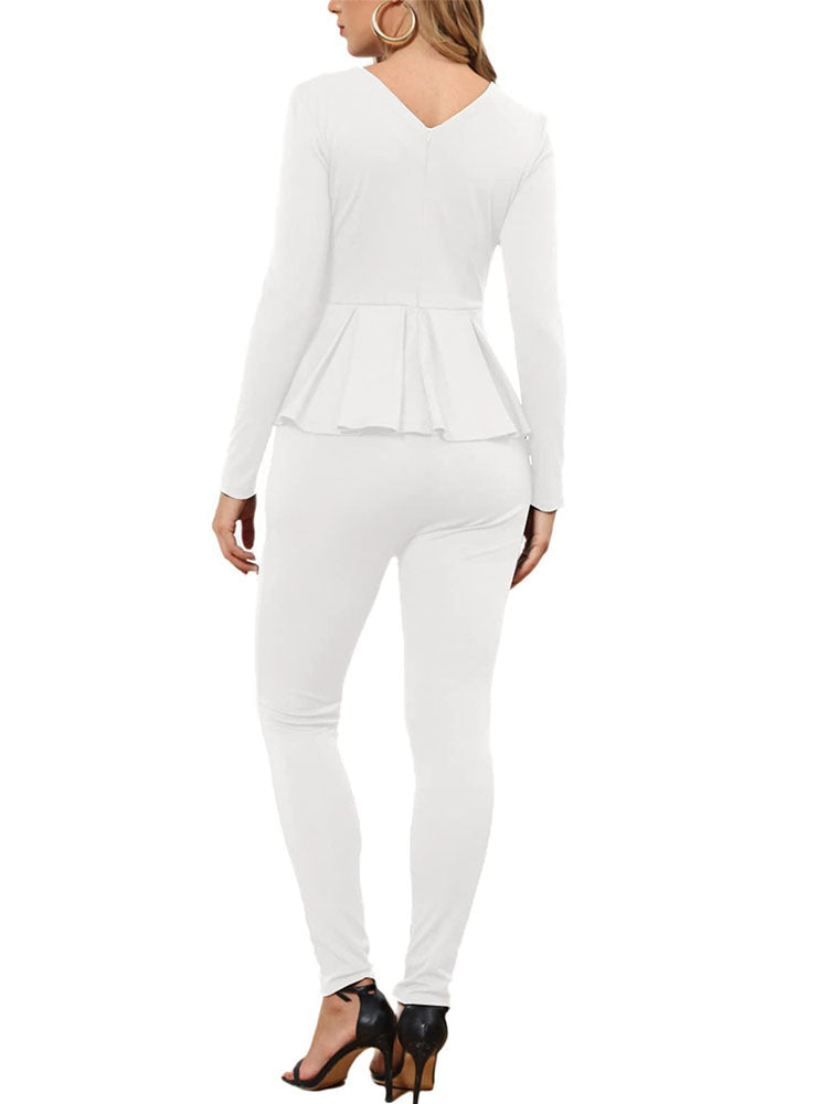 Long Sleeve V Neck Ruffle Top Jumpsuits