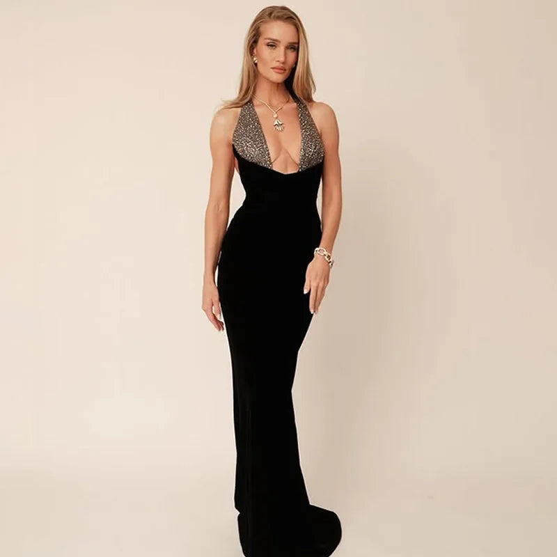 Rhinestone Halter Sculpted Maxi Evening Dress
