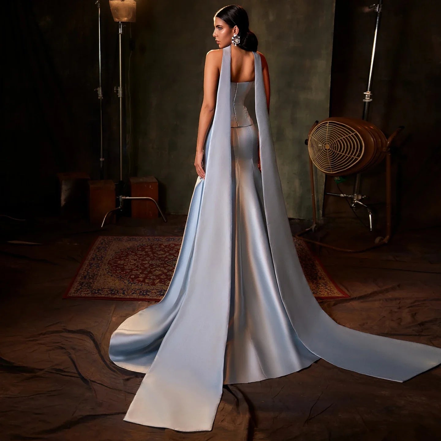 Satin Mermaid Evening Gown | 3D Floral Scarf Party Dress