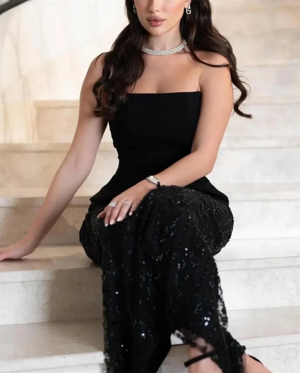 Black Strapless Sequin A-Line Prom Gown with Shawl