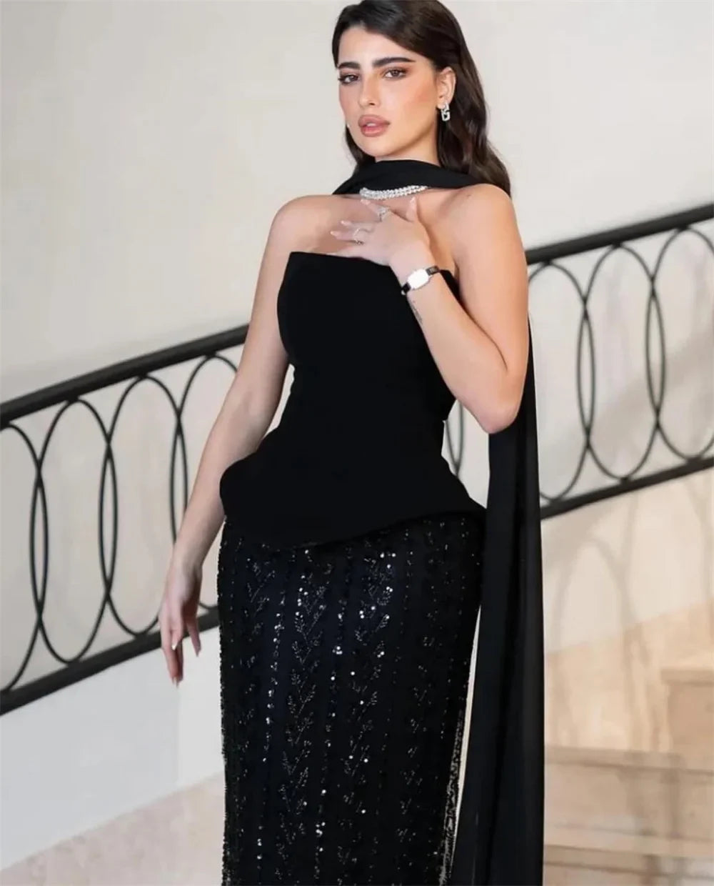 Black Strapless Sequin A-Line Prom Gown with Shawl
