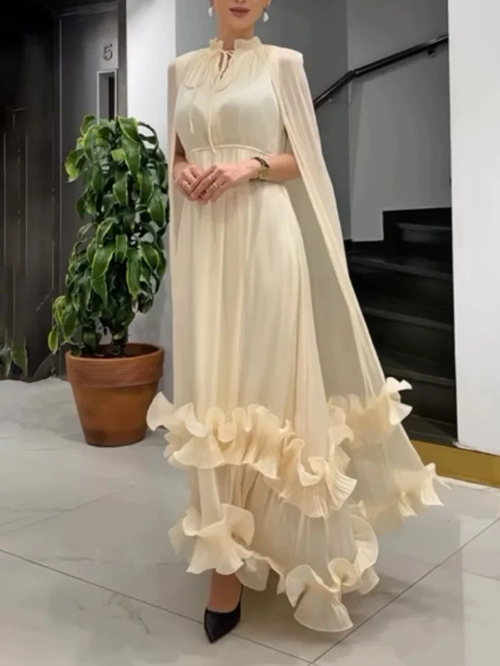 Elegant Turtleneck Sheath Maxi Dress with Cloak Sleeves and Draped Detail