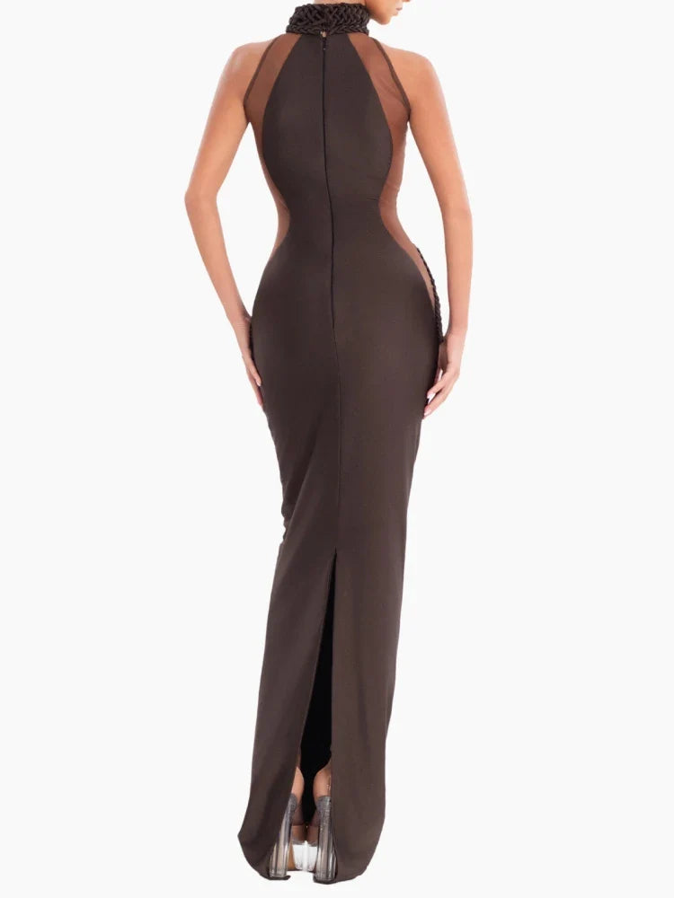Brown Halter-Neck Mesh Patchwork Maxi Dress