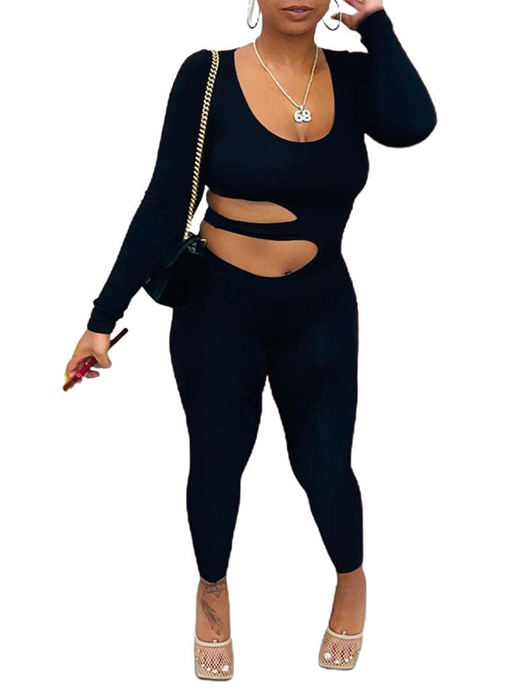 Long Sleeve Bodycon Hollow Out Jumpsuits