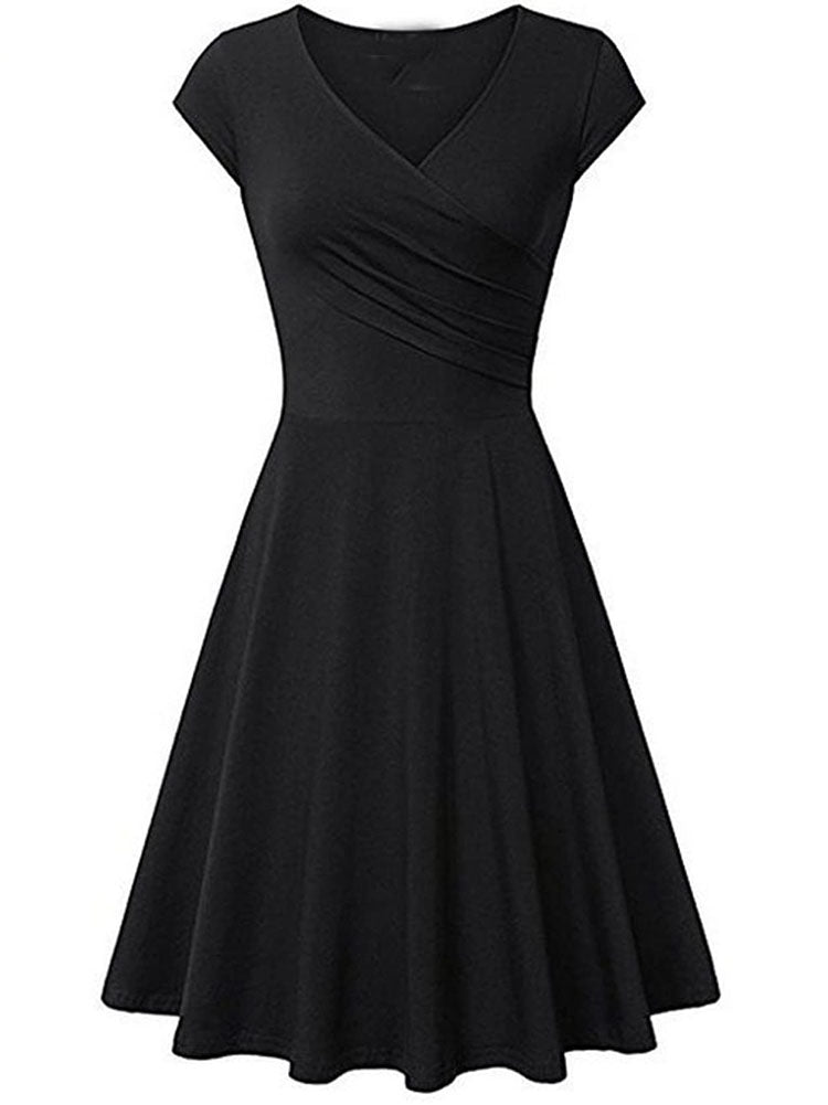 V Neck Pleated Short Sleeve Dresses