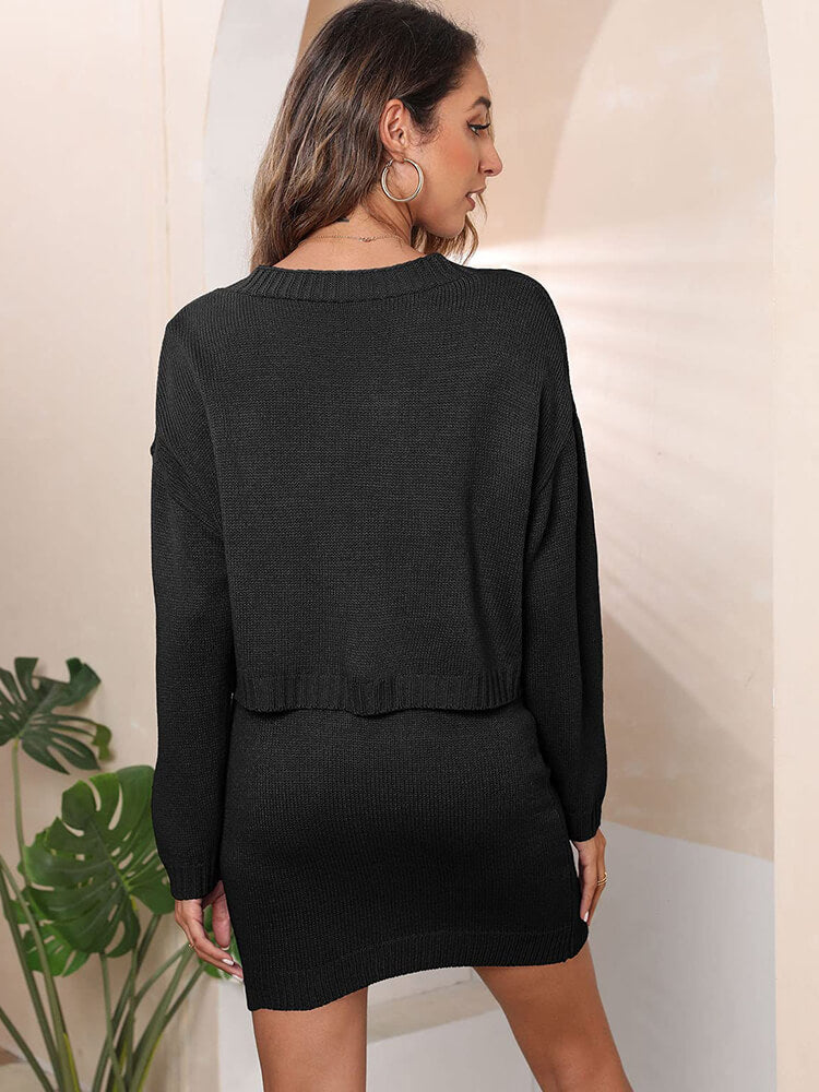 Long Sleeve Jacquard Cardigan Mini Skirt Suits