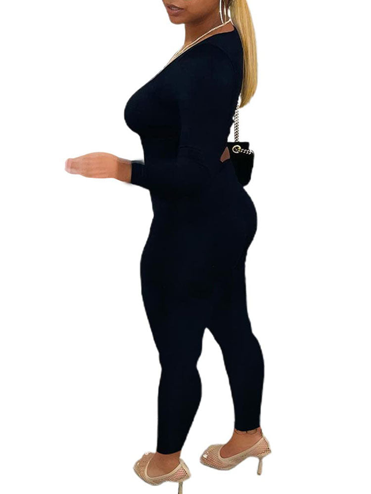 Long Sleeve Bodycon Hollow Out Jumpsuits