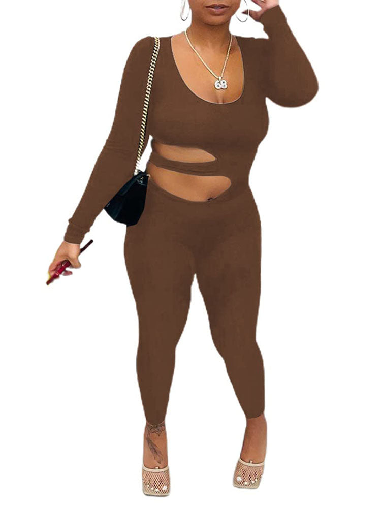 Long Sleeve Bodycon Hollow Out Jumpsuits