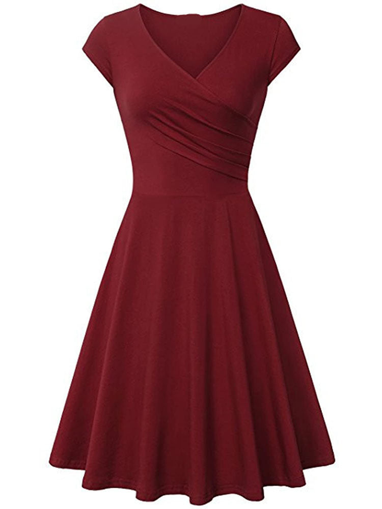 V Neck Pleated Short Sleeve Dresses