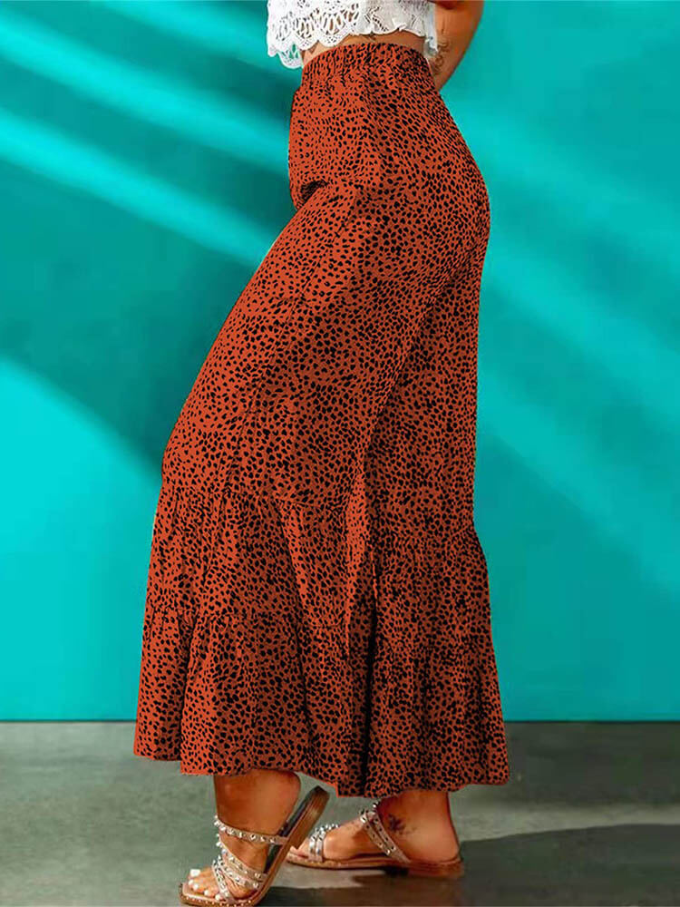 High Waist Leopard Print Ruffle Long Pants