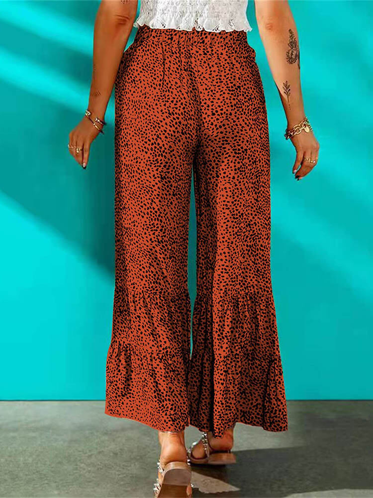 High Waist Leopard Print Ruffle Long Pants