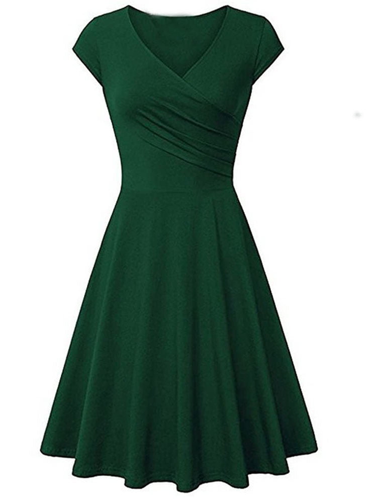 V Neck Pleated Short Sleeve Dresses