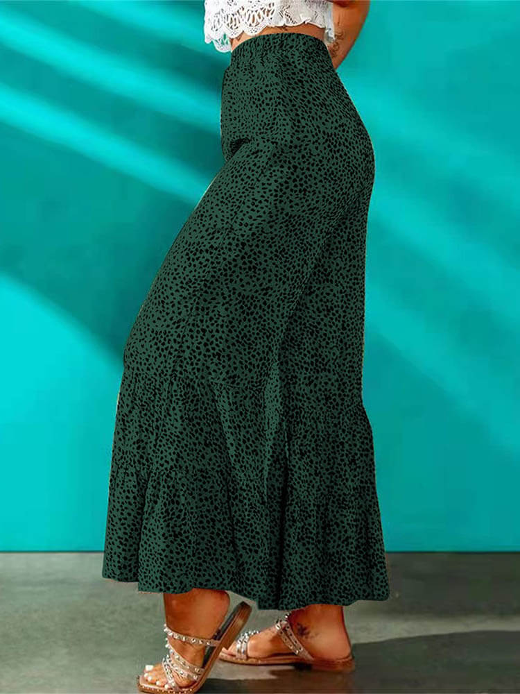 High Waist Leopard Print Ruffle Long Pants