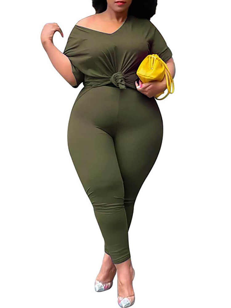Plus Size Short Sleeve Tops Bodycon Long Pants Set