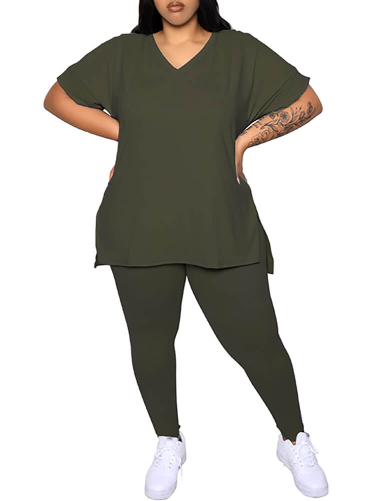 Plus Size Short Sleeve Tops Bodycon Long Pants Set