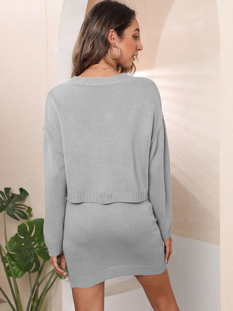 Long Sleeve Jacquard Cardigan Mini Skirt Suits