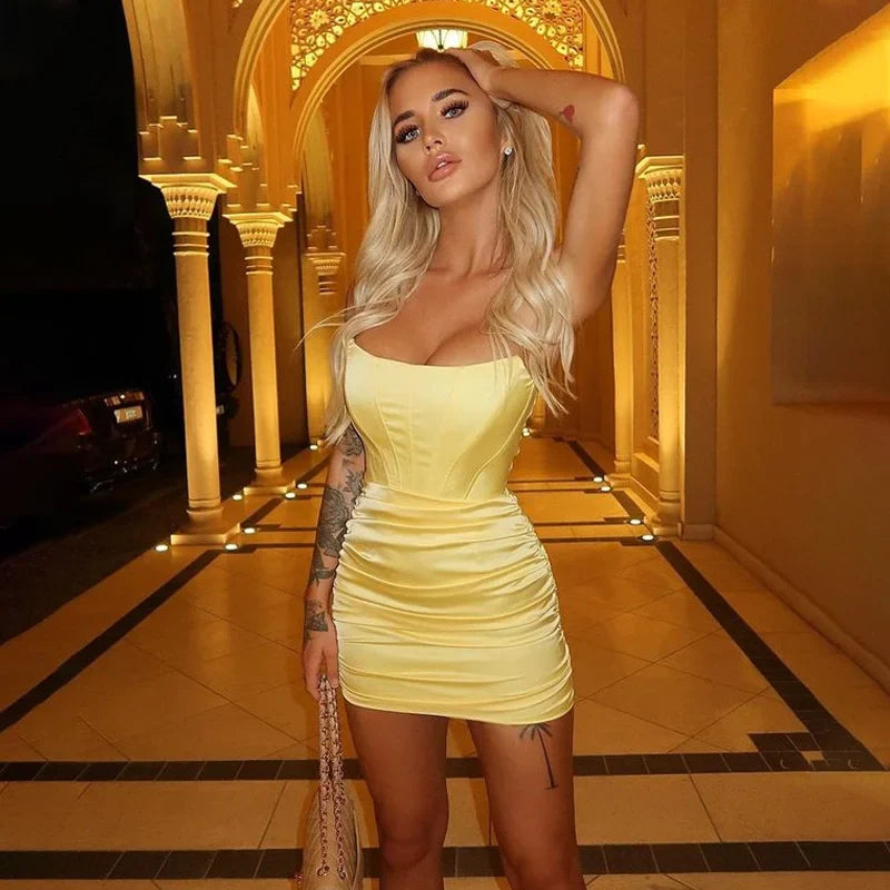 Strapless Satin Ruched Mini Dress with Side Zipper