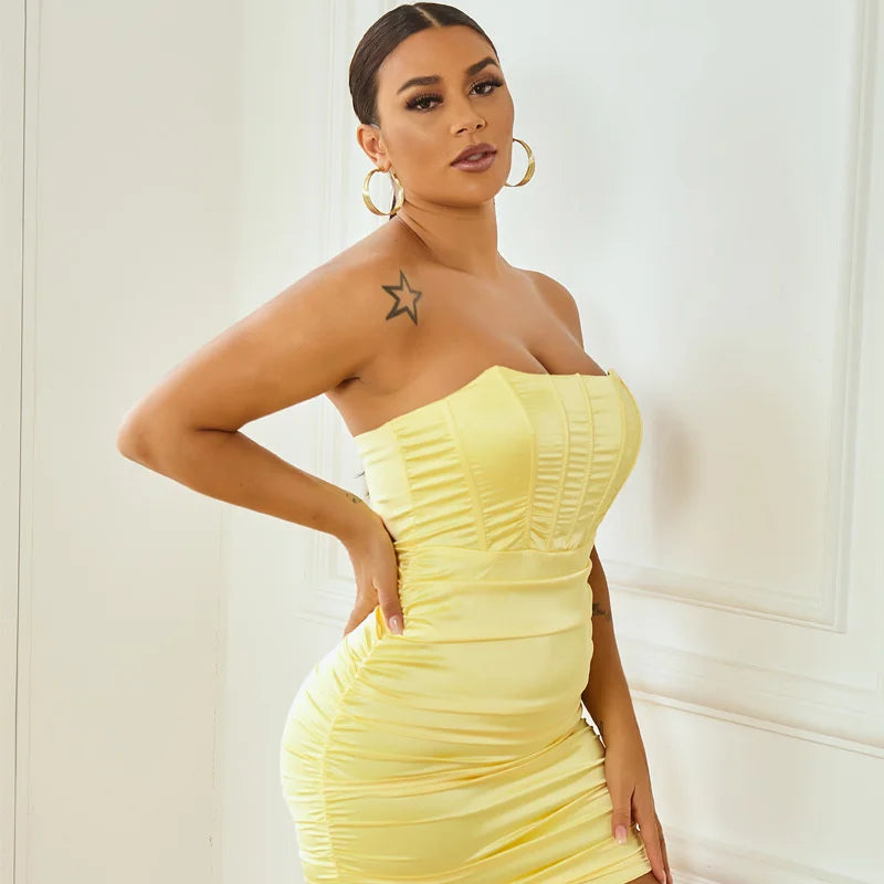 Strapless Satin Ruched Mini Dress with Side Zipper