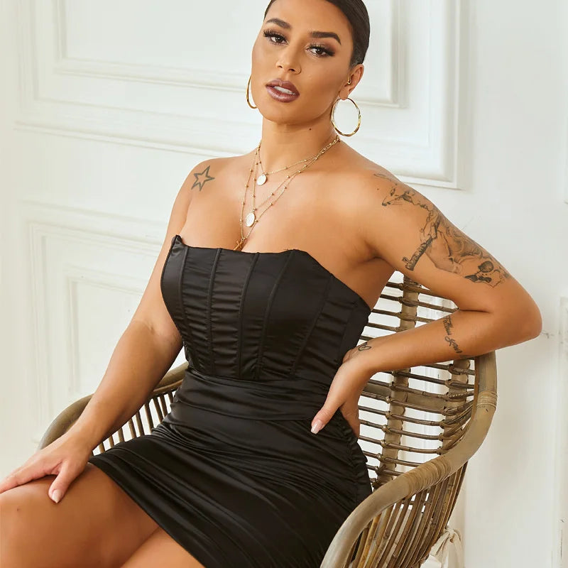 Strapless Satin Ruched Mini Dress with Side Zipper