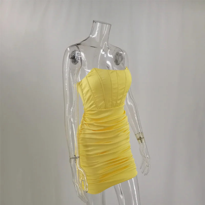 Strapless Satin Ruched Mini Dress with Side Zipper