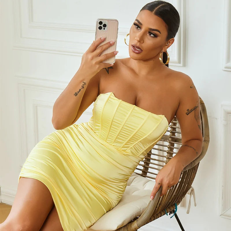 Strapless Satin Ruched Mini Dress with Side Zipper