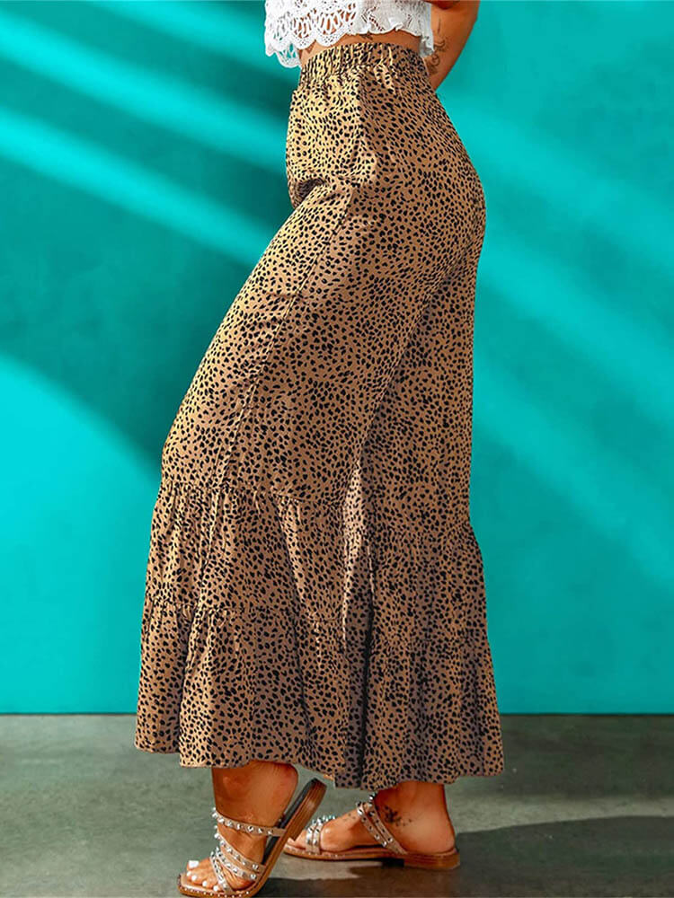 High Waist Leopard Print Ruffle Long Pants