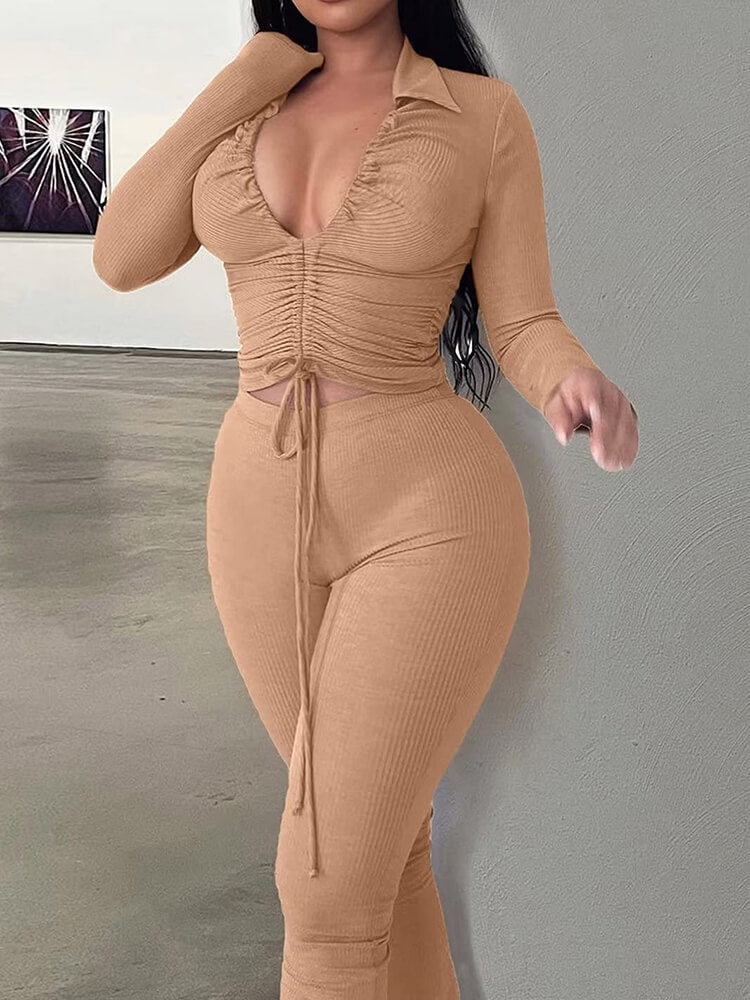 Long Sleeve Drawstring Crop Top Flare Long Pants Set