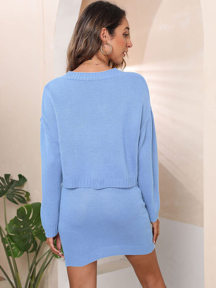 Long Sleeve Jacquard Cardigan Mini Skirt Suits