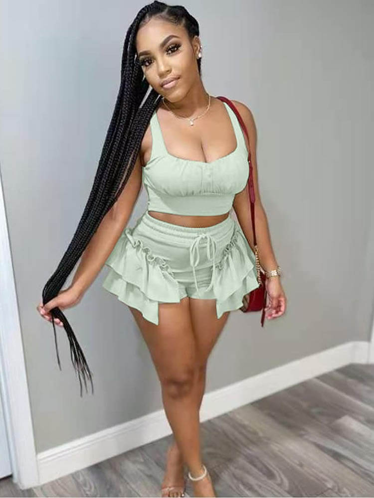 Sleeveless Crop Top & Drawstring Ruffled Shorts