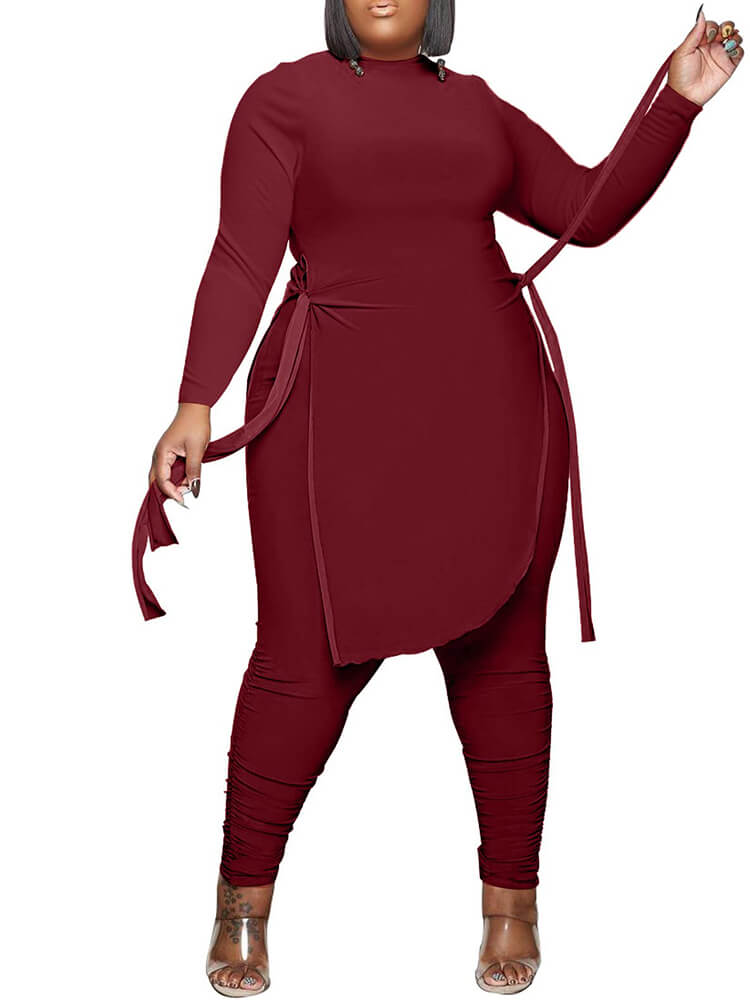 Irregular Hem Slit Tops & Ruched Bodycon Long Pants